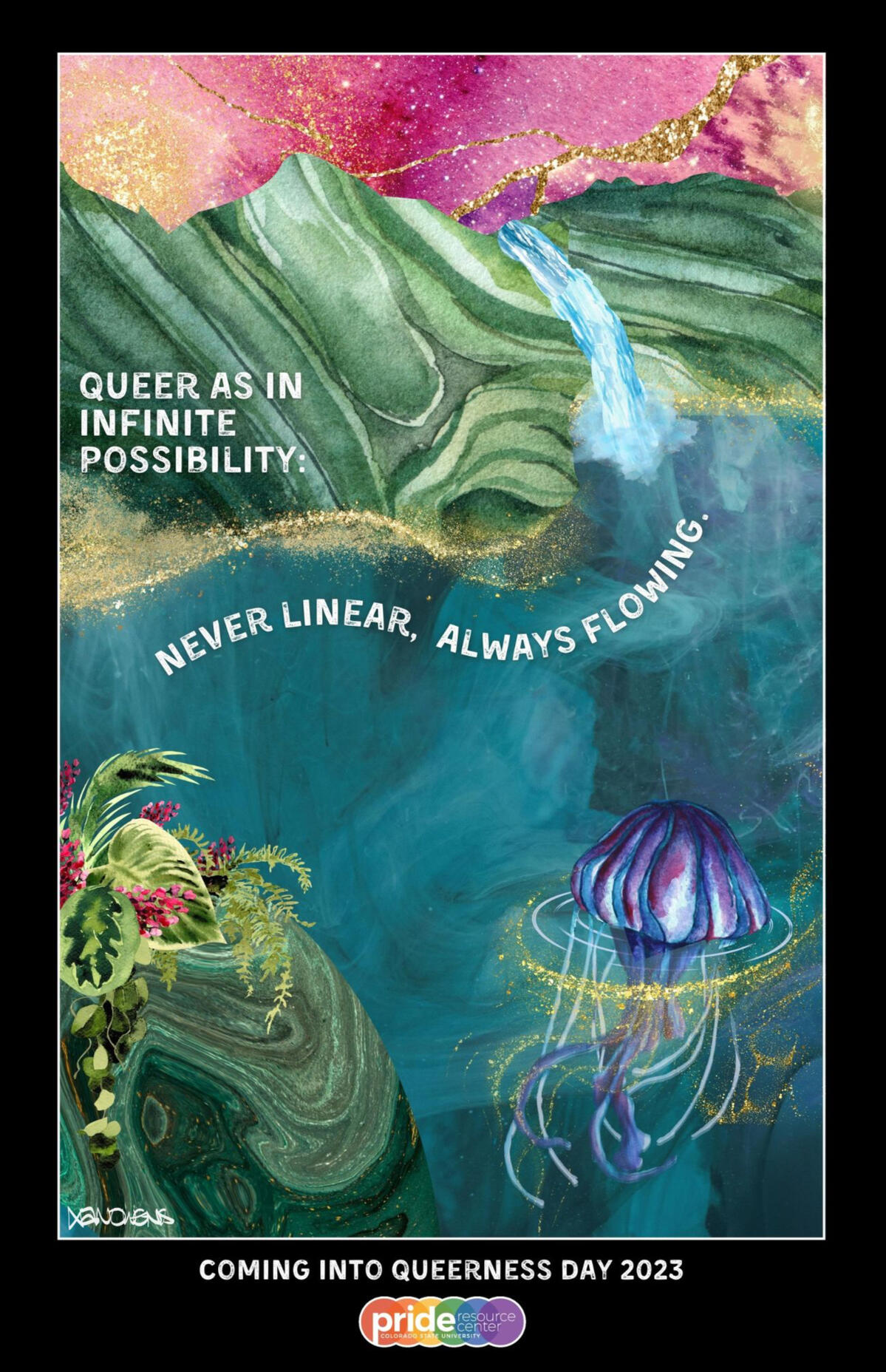 Coming Into Queerness Day 2023 - Infinite Watercolor poster with green mountains against a pink starry sky. A jellyfish floats in a body of water in foreground. Text: "Queer as in infinite possibility: never linear, always flowing."