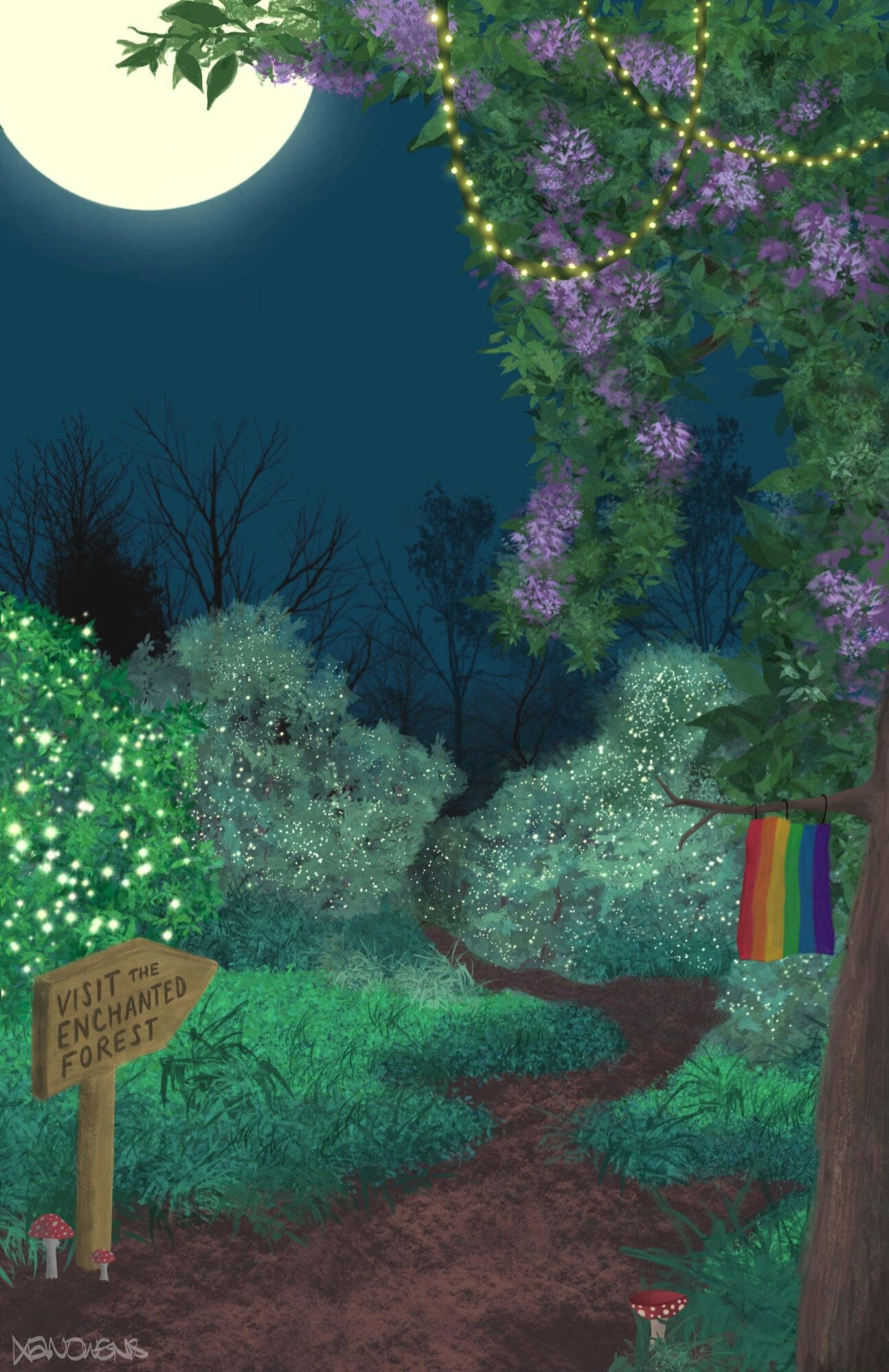 Illustration - Enchanted Forest Illustration depicting a path under a moonlit sky. The path leads into a lush forest glowing with fairy lights in all the trees. A tree in the foreground features purple flowers and a pride flag hanging from a branch, and a wooden sign along the path says