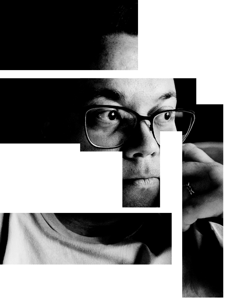 About Collage of Xan, a white person with glasses, dark eyes, and brown hair. The collage consists of two photos, one with Xan in masculine presentation with a beard and one with feminine presentation in makeup. The photos are spliced vertically and arranged in
