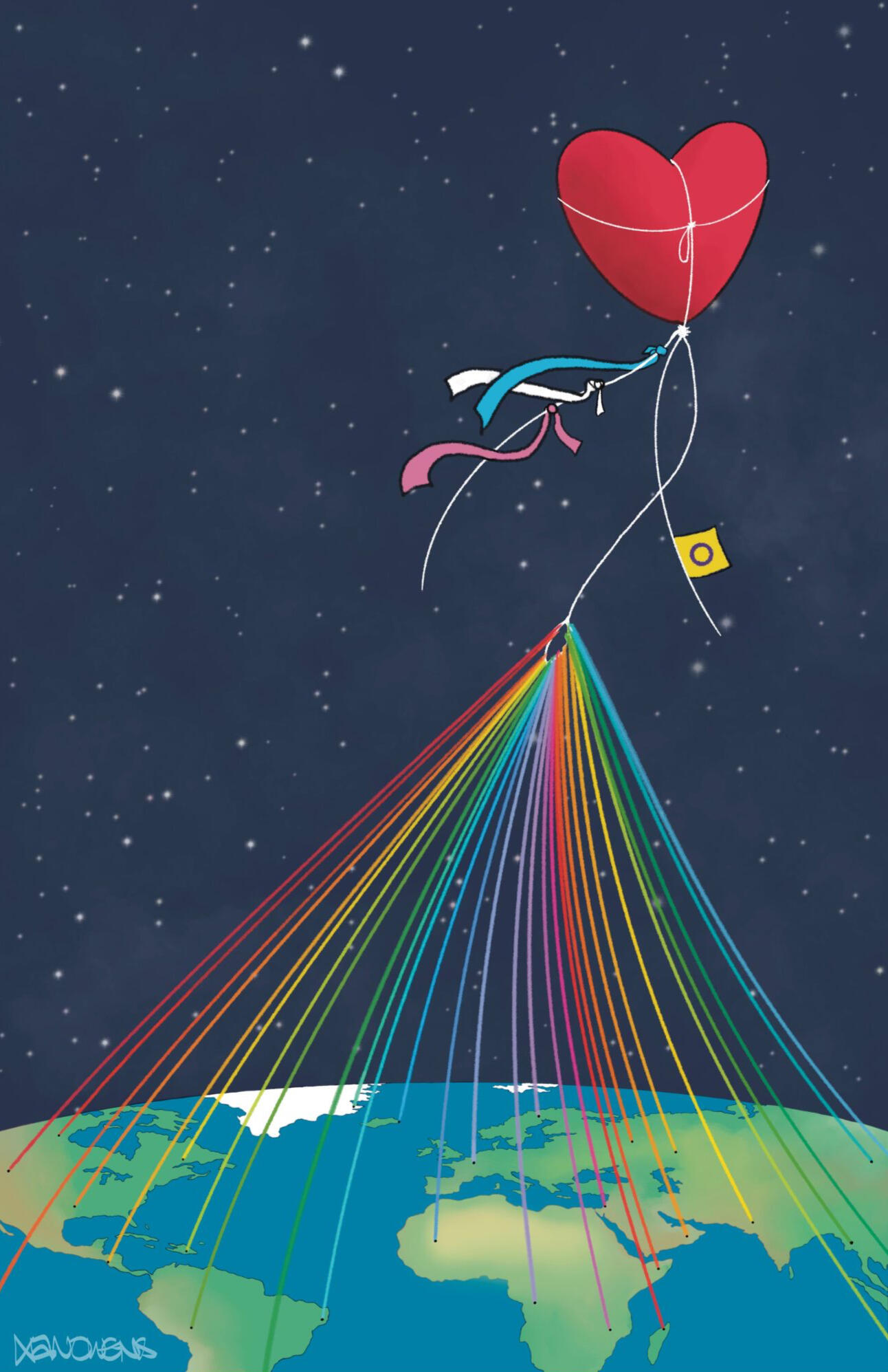 Illustration - Heart Strings Illustration of a red heart-shaped balloon floating in space, high above Earth. The balloon's string is connected to many other strings in every color of the rainbow, each of which lead to a different spot on Earth's land masses.