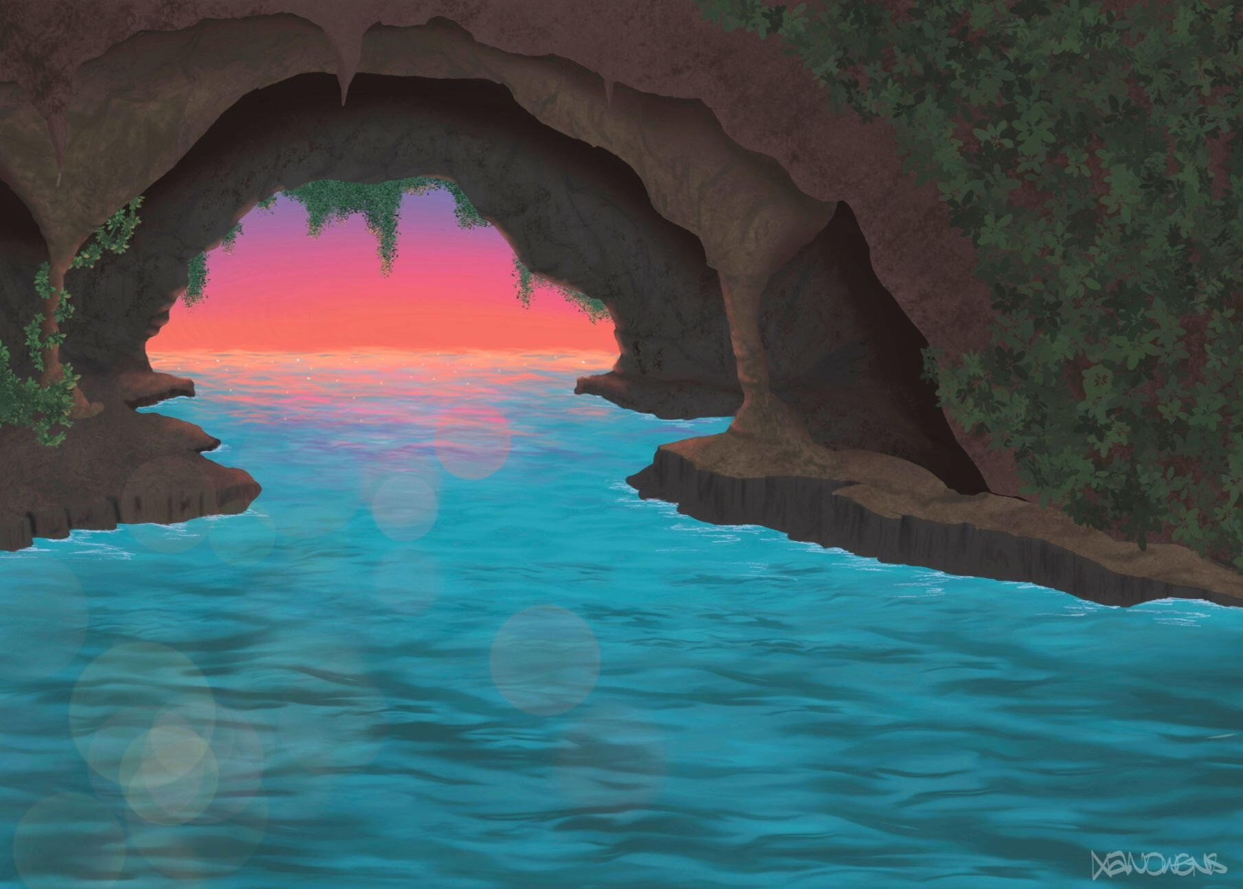 Illustration - Cave at Sunset Illustration from the point of view of being inside a cave full of water, looking out at the sunset over the ocean. The inside of the cave is dark, with golden highlights from the sunset that illuminate lush plants growing on the walls.