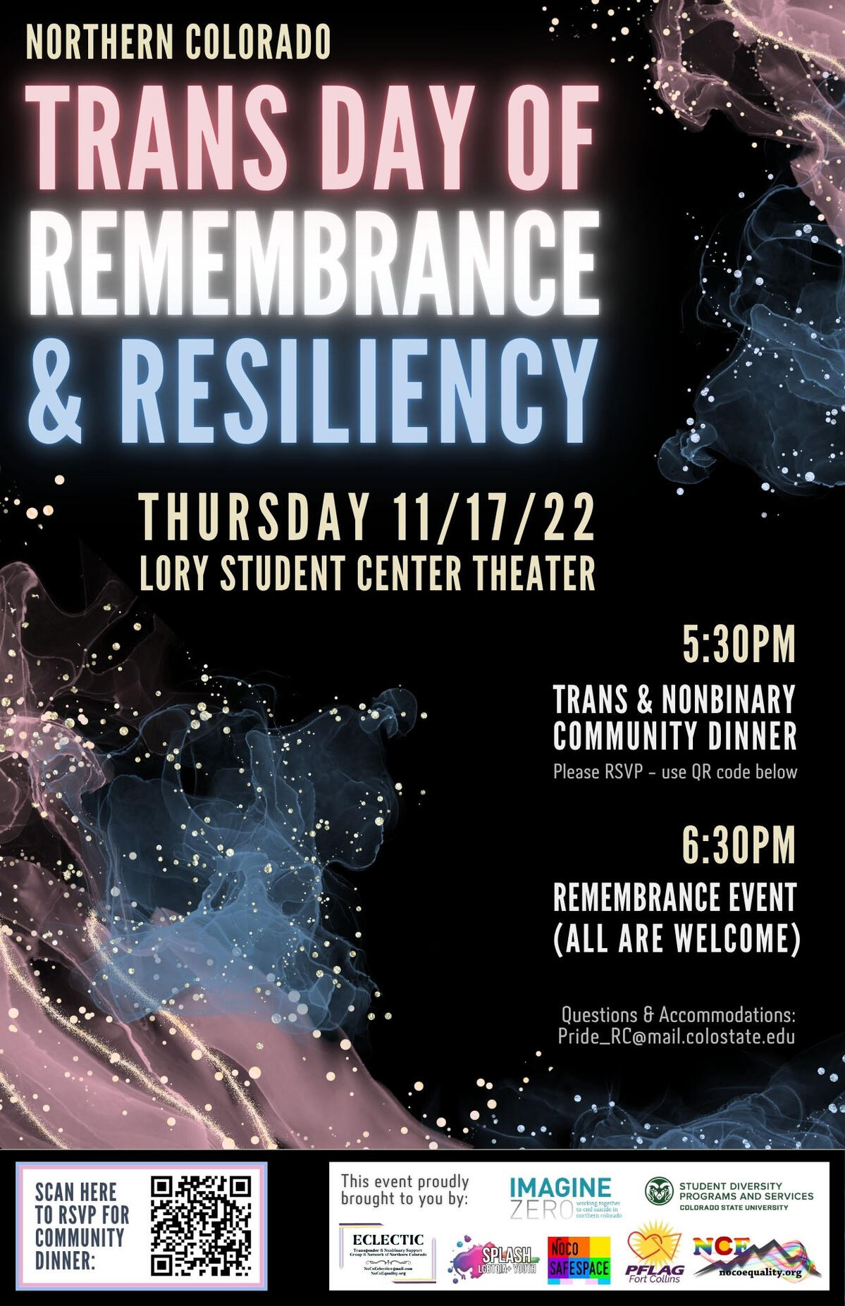 Trans Day of Remembrance 2022 Poster advertising event for Trans Day of Remembrance and Resiliency, 2022. Black background with swirling pink and blue glittering smoke.