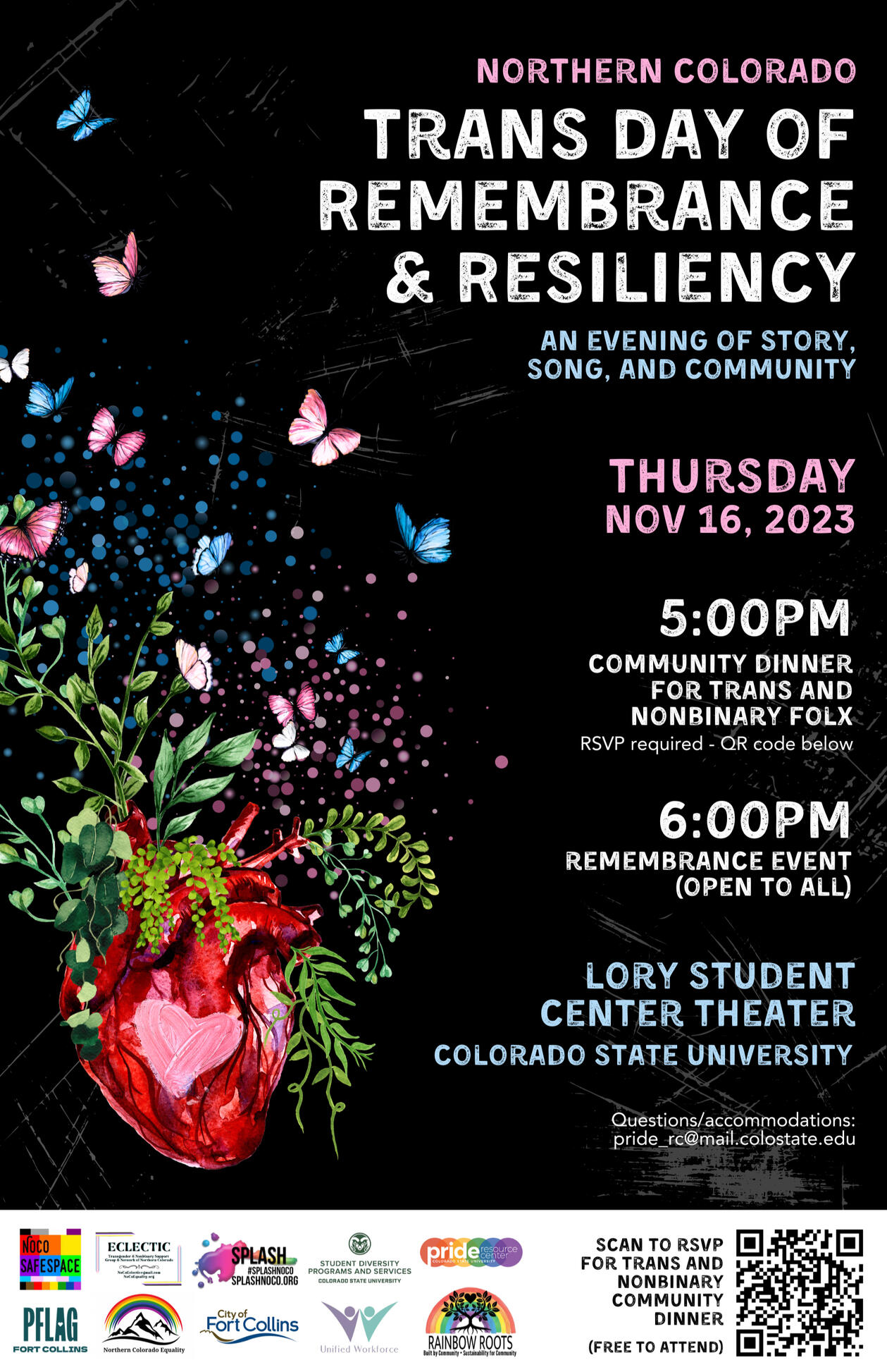 Trans Day of Remembrance 2023 Poster advertising community event for Trans Day of Remembrance & Resiliency, 2023. Black background with pink and blue butterflies emerging from a blooming anatomical heart.