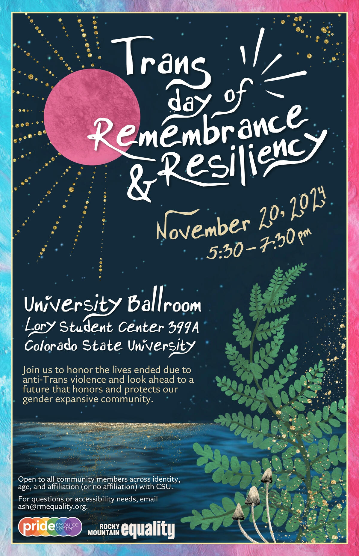 Trans Day of Remembrance 2024 Poster advertising event for Trans Day of Remembrance & Resiliency, 2024. Navy background with pink moon over the ocean. Glittering ferns and mushrooms in foreground..