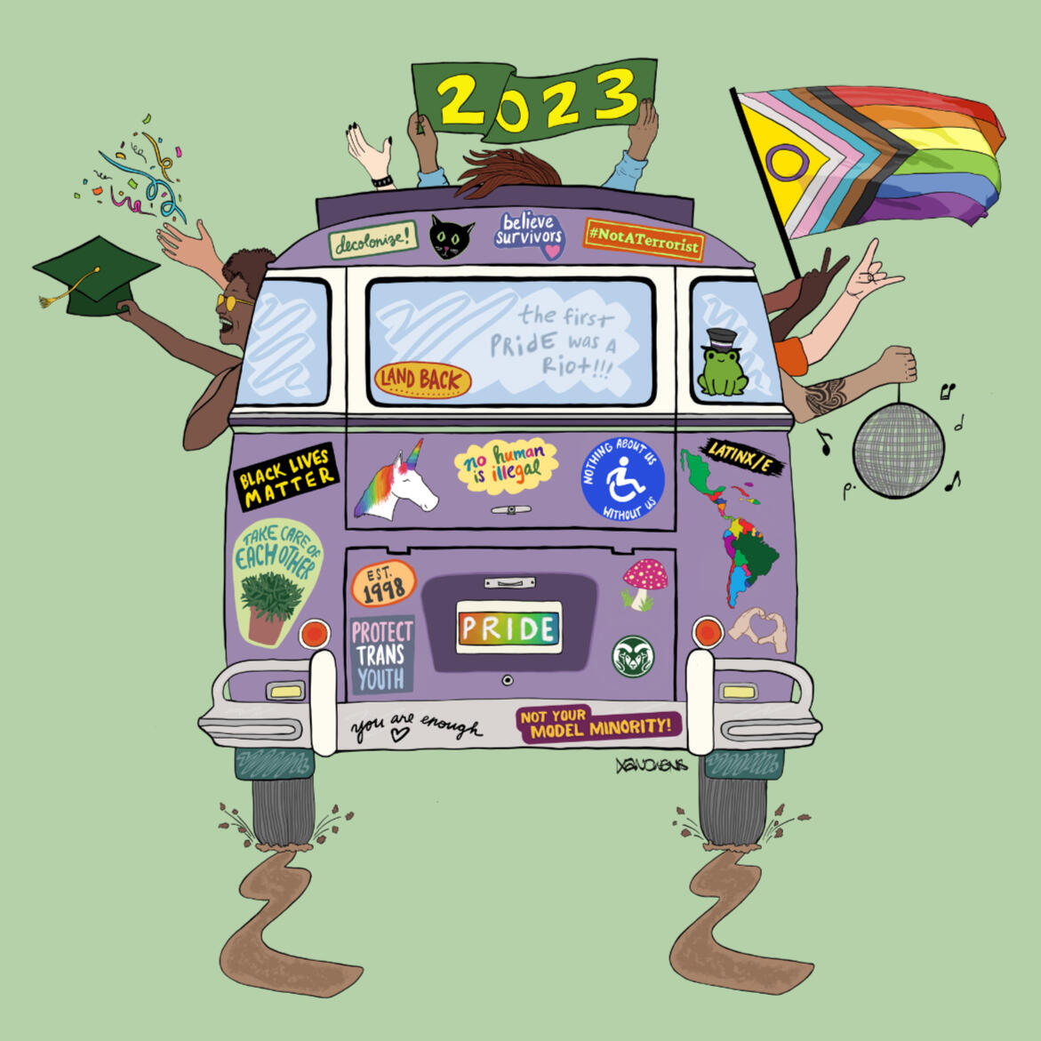 Illustration: "Going Places" Original illustration of a purple Volkswagen bus covered in social justice stickers, signed by Xan Owens. Stickers read "Black Lives Matter," "Land Back," "Decolonize," "Believe Survivors," "No Human is Illegal," "Protect Trans Youth," "Nothing About Us Wi