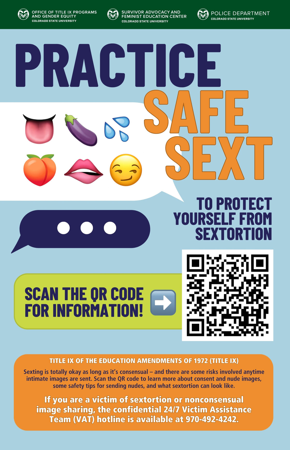 Sextortion Awareness - Safe Sext Awareness poster with a light blue background. Features a speech bubble with six emojis (tongue, eggplant, water drops, peach, lips, smirking face) and a dark speech bubble with typing dots below. Text reads: "Practice Safe Sext to protect yourself from se