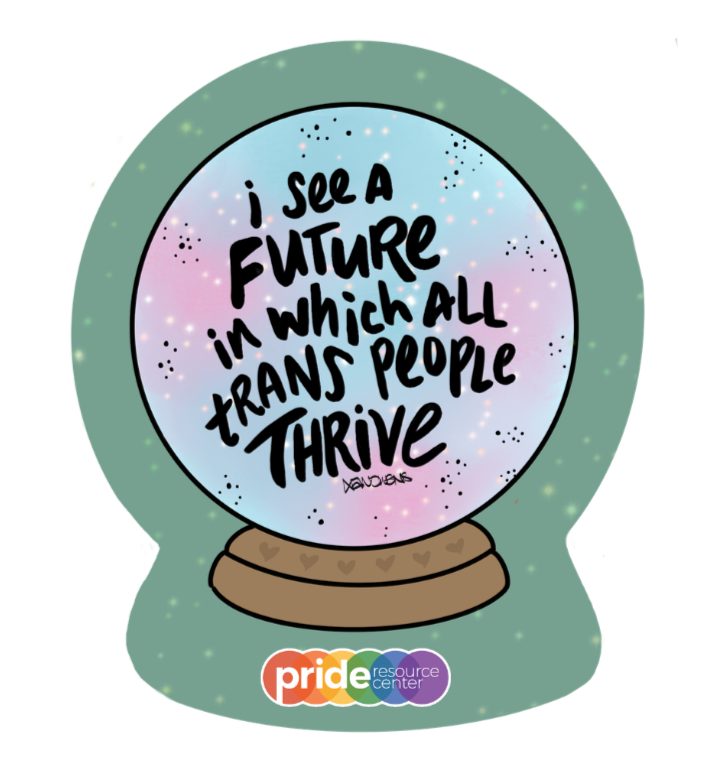 The Future is Trans Sticker with illustration of a crystal ball on a sage green background. Inside the crystal ball, swirls of pink and blue appear, along with the words "I see a future in which all trans people thrive."