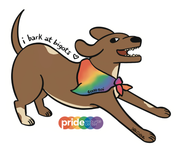 I Bark at BIgots Sticker with illustration of a brown dog wearing a rainbow bandana around its neck. The dog is in play pose with their chest to the ground, and their mouth is open and joyful. The words "I bark at bigots" are written along the slope of the dog's back.