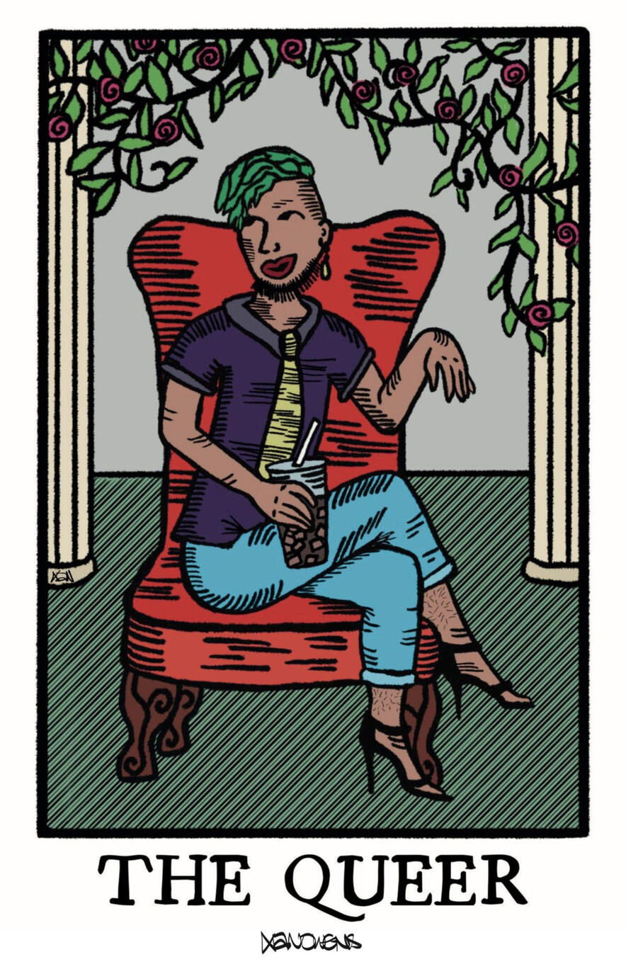 The Future is Trans Sticker with illustration of a crystal ball on a sage green background. Inside the crystal ball, swirls of pink and blue appear, along with the words "I see a future in which all trans people thrive."