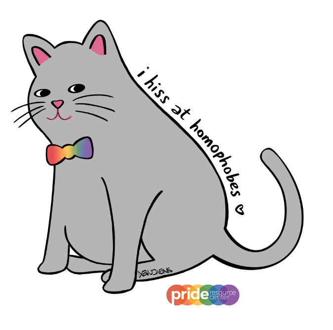I Hiss at Homophobes Sticker with illustration of a gray cat wearing a rainbow bowtie. The cat is sitting down and has a sly expression on their face. The words "I hiss at homophobes" are written along the slope of the cat's back.